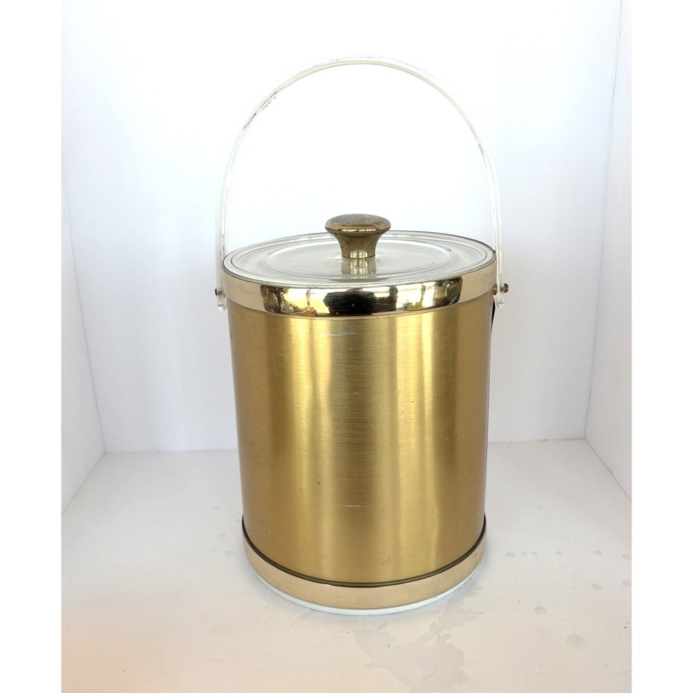 Vintage MCM Gold Culver Ice Bucket Gold Clear Lucite Handle and Lid Retro‎